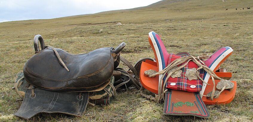Ein brauner und ein rot-oranger Sattel in einer mongolischen Landschaft
